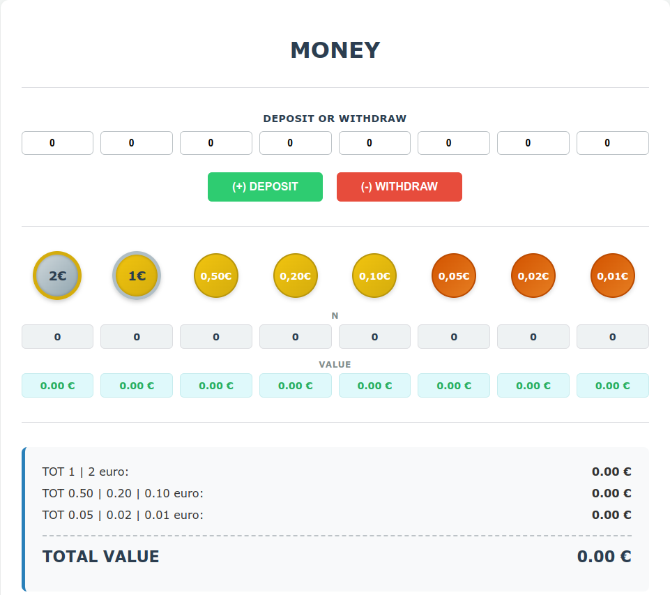 Interfaccia web contamonete con pulsanti deposito, prelievo e calcolo monete Euro | Web application interface for Euro coin counter with deposit and withdraw tools